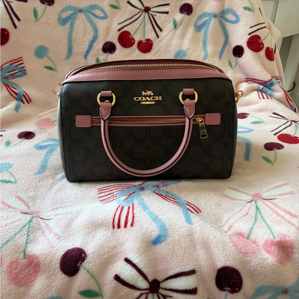 Coach Rowan Sachel Dark Brown and True Pink Women's Bag